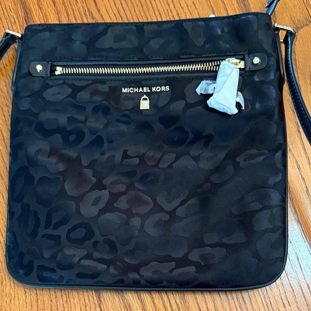 Michael Kors Black Satin Leopard-Print Crossbody Bag with Gold Hardware